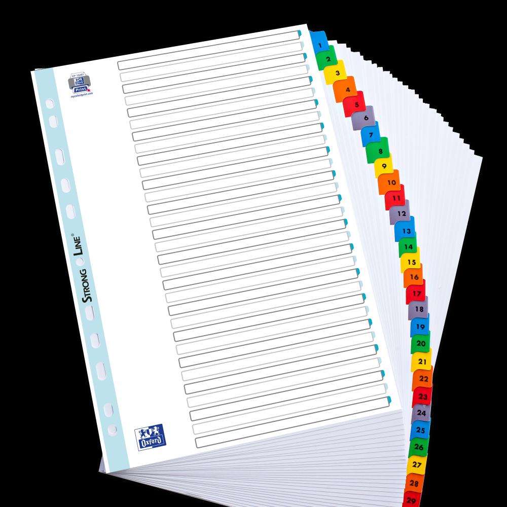 Index Carton Numeric Oxford A4 1-31, 20 File/set, 170g/mp, 11 Perforatii Pentru Indosariere, Include Cuprins, Culoare Alb Cu Margine Color