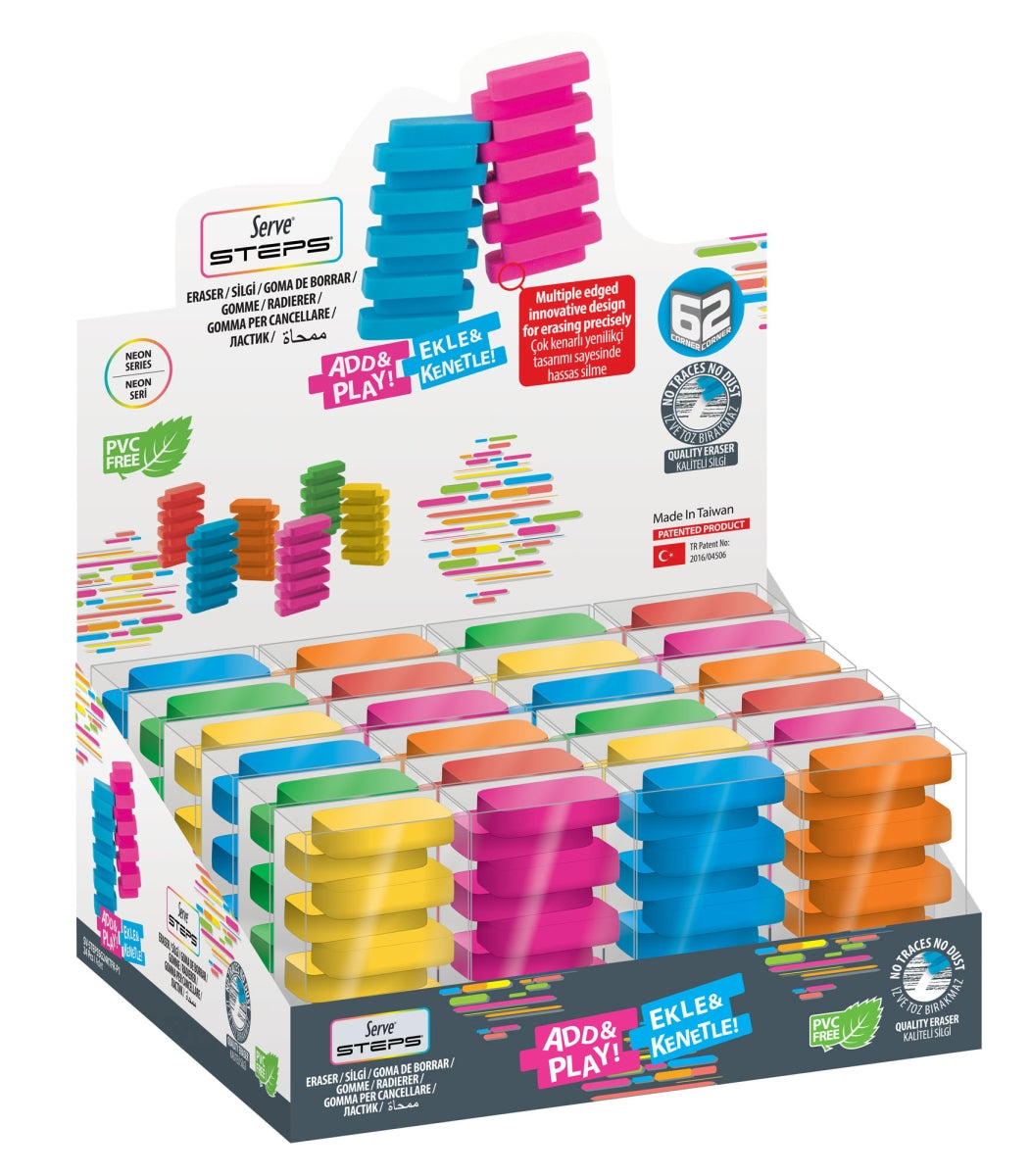 Radiera Steps, Culori Fluorescente, 1 Bucata/blister, 24 Bucati, Prezentare Pe Display Expunere