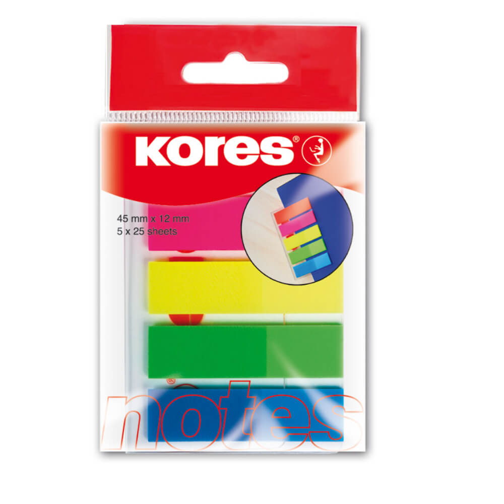 Index din Plastic Kores, 5 Culori, 25 File/Culoare, 12x45 mm, Indexuri, Evidentiatoare Documente, Evidentiatoare Carti, Evidentiatoare Caiete, Evidentiatoare de Pagina, Index Plastic, Indexuri din Plastic, Evidentiatoare Colorate