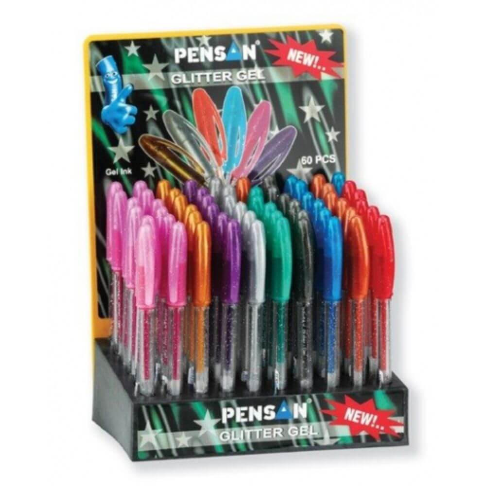 Pix cu Gel PENSAN Glitter, Mine Diferite Culori cu Sclipici, 60 Buc/Set, Varf 1 mm, Corp din Plastic Transparent, Pixuri cu Gel, Pix cu Sclipici, Pix Glitter, Pixuri cu Sclipici, Pixuri Glitter, Pix cu Gel cu Sclipici, Rechizite Scolare