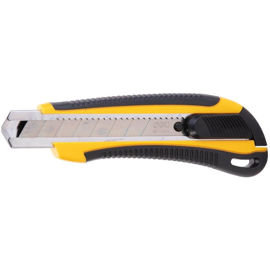 Cutter Mare Deli, cu Sina si Grip, Galben, Cutter Deli, Cutter cu Sina, Cutter cu Grip Ergonomic, Cutter cu Maner Ergonomic, Cutter cu Grip Cauciucat, Cutter cu Maner Cauciucat, Cutter Galben, Cuttere Mari, Cuttere Deli, Cuttere cu Grip Ergonomic