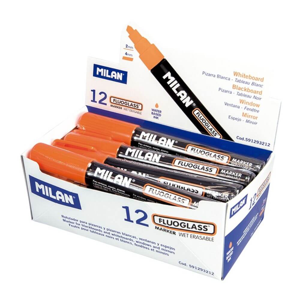 Set 12 Markere Sticla Milan Fluoglass, Varf de 2-4 mm, Portocalii, Marker Portocaliu, Markere, Markere Portocalii, Markere pentru Sticla, Marker Milan, Marker pentru Scoala, Markere Scoala