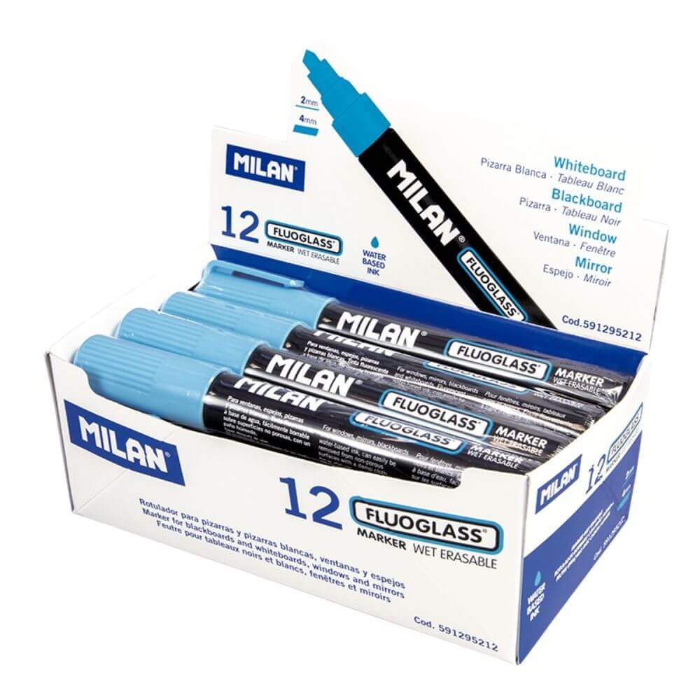 Set 12 Markere Sticla Milan Fluoglass, Varf de 2-4 mm, Albastre, Marker Albastru, Markere, Markere Albastre, Markere pentru Sticla, Marker Milan, Marker pentru Scoala, Markere Scoala