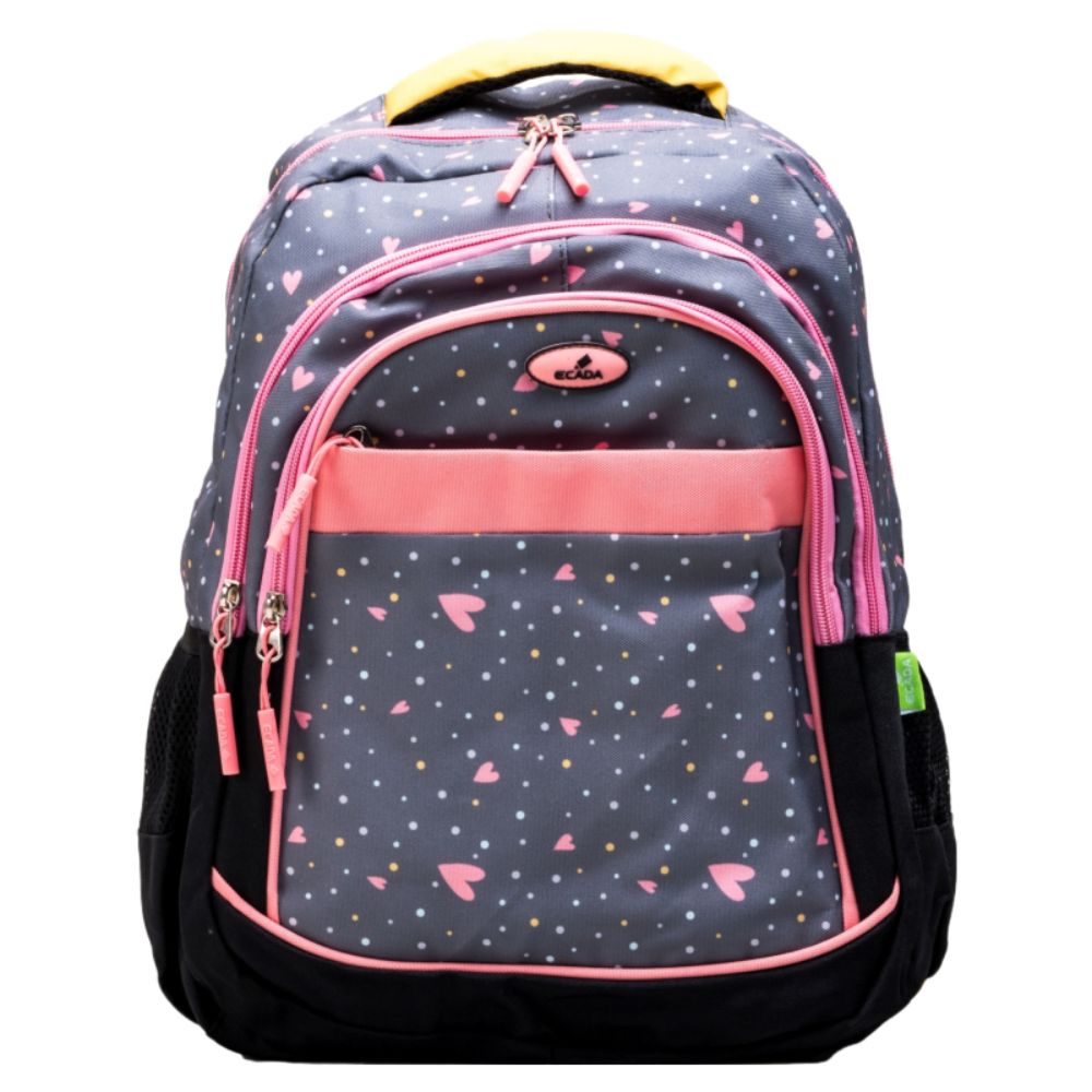 Ghiozdan Scolar Ecada, Dimensiuni 46x32x18 cm, Bretele cu Burete Reglabile si Patru Fermoare, Material Poliester, Culoare Gri/Roz