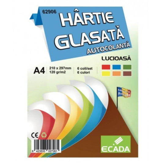 Hartie Glasata Autocolanta Lucioasa A4 Ecada, 6 Coli/Top, 120 g/mÂ?, 6 Culori, Hartie Glasata Autocolanta, Hartie Glasata, Hartie Autocolanta, Hartie Glasata Lucioasa, Hartie Glasata Colorata, Hartie Autocolanta Colorata, Rechizite Scolare