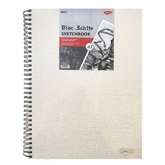 Bloc Schite A3 Daco, 80 File, 120 g/mÂ?, Bloc Hartie Legata cu Spira, Bloc de Schite cu Coperta, Hartii pentru Schite Daco, Bloc de Desen cu Spirala, Hartie pentru Carbune Grafit Creion sau Creta Cerata, Bloc Hartie Alba cu Coperta Groasa