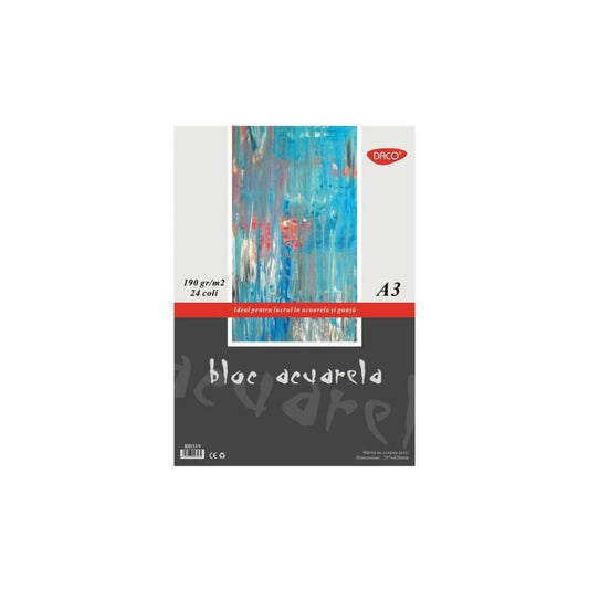 Bloc Desen Acuarela A3 Daco, 24 File, 190 g/mÂ?, Bloc Hartie pentru Acuarele, Hartie Pentru Vopsele Acuarele, Bloc de Desen pentru Culori pe Baza de Apa, Bloc de Desen A3