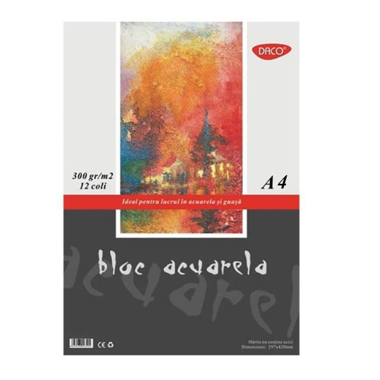 Bloc Desen Acuarela A4 Daco, 12 File, 300 g/mÂ?, Daco, Bloc Hartie pentru Acuarele si Guase, Hartie Pentru Vopsele Acuarele, Bloc de Desen pentru Culori pe Baza de Apa, Bloc de Desen A4, Blocuri Desen A4, Blocuri pentru Desen
