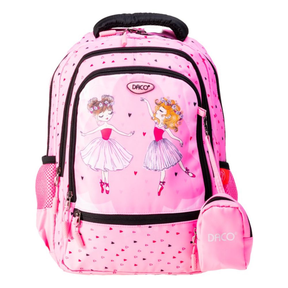 Ghiozdan Scolar cu Borseta Daco, Dimensiuni 38x30x17 cm, Model Balerina, Bretele cu Burete Reglabile si Patru Fermoare, Material Poliester, Culoare Roz