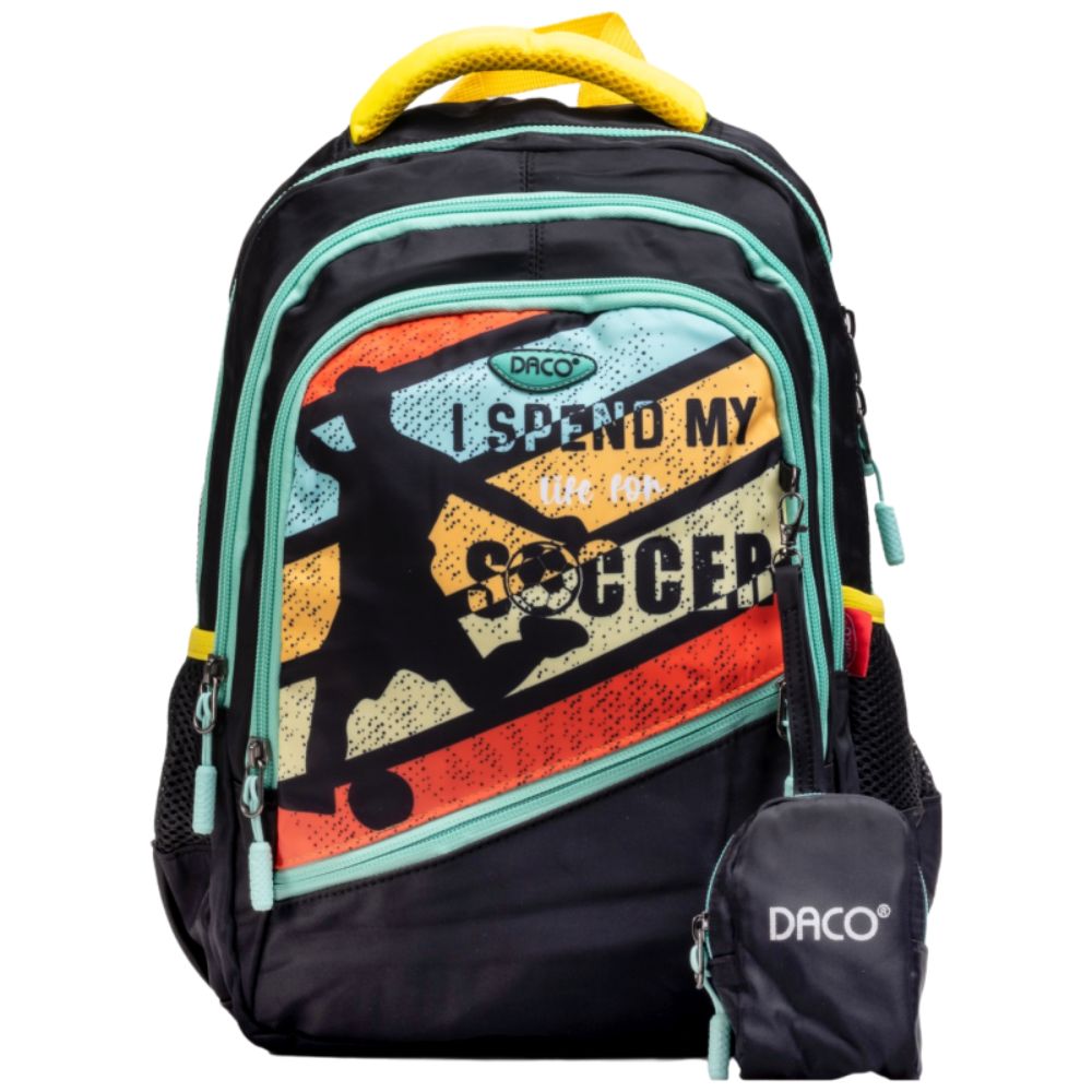 Ghiozdan Scolar cu Borseta Daco, Dimensiuni 38x30x17 cm, Model Fotbal, Bretele cu Burete Reglabile si Patru Fermoare, Material Poliester, Culoare Negru