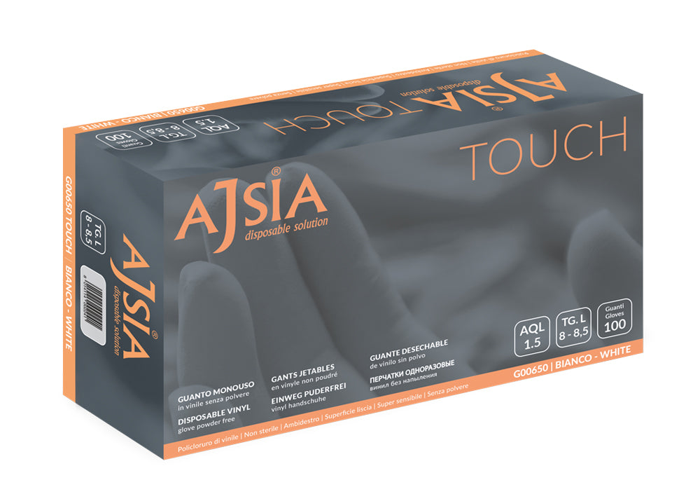Manusi Vinil Ajsia Touch, Unica Folosinta, Nepudrate, 0.08mm, 100 Buc/cutie - Albe - Marime L