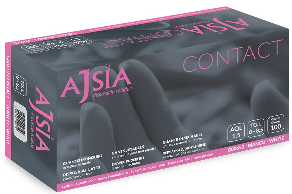 Manusi Latex Ajsia Contact, Unica Folosinta, Nepudrate, 0.11mm, 100 Buc/cutie - Albe - Marime L