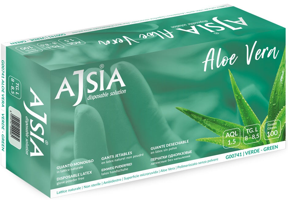 Manusi Latex Ajsia Aloe Vera, Unica Folosinta, Nepudrate, 0.16mm, 100 Buc/cutie - Verzi - Marime M