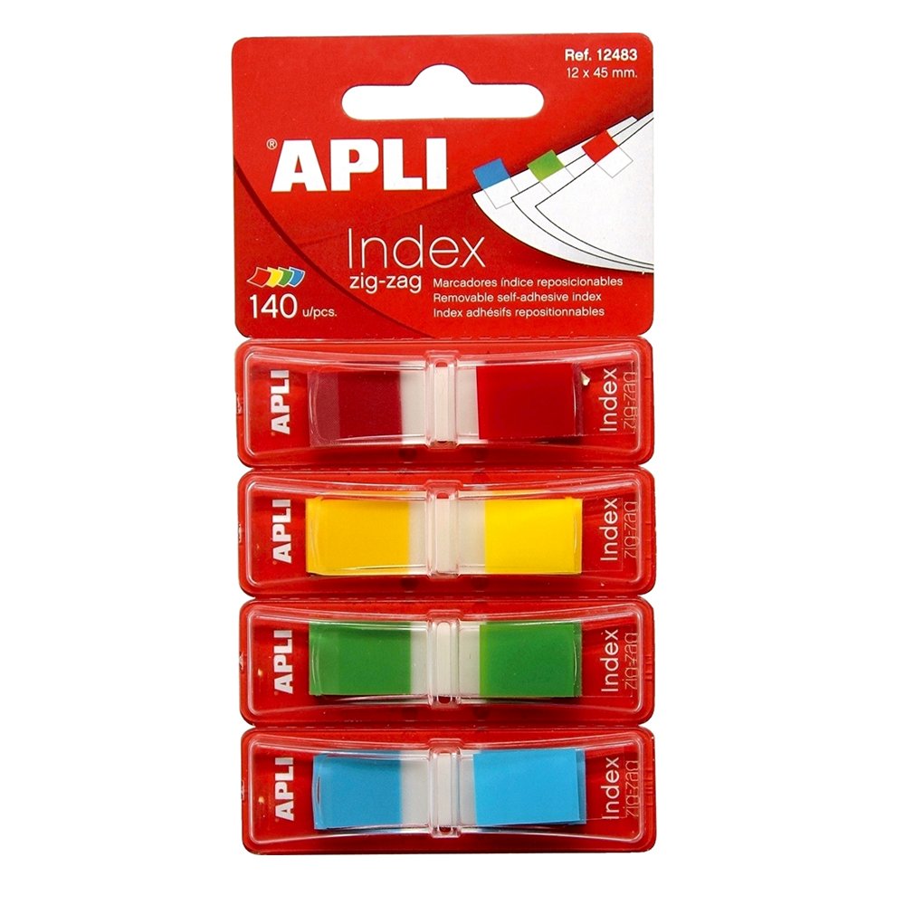 Index Apli ,autoadeziv zig-zag, 12 x 45 mm, 4 culori mate (rosu, galben, verde, albastru)