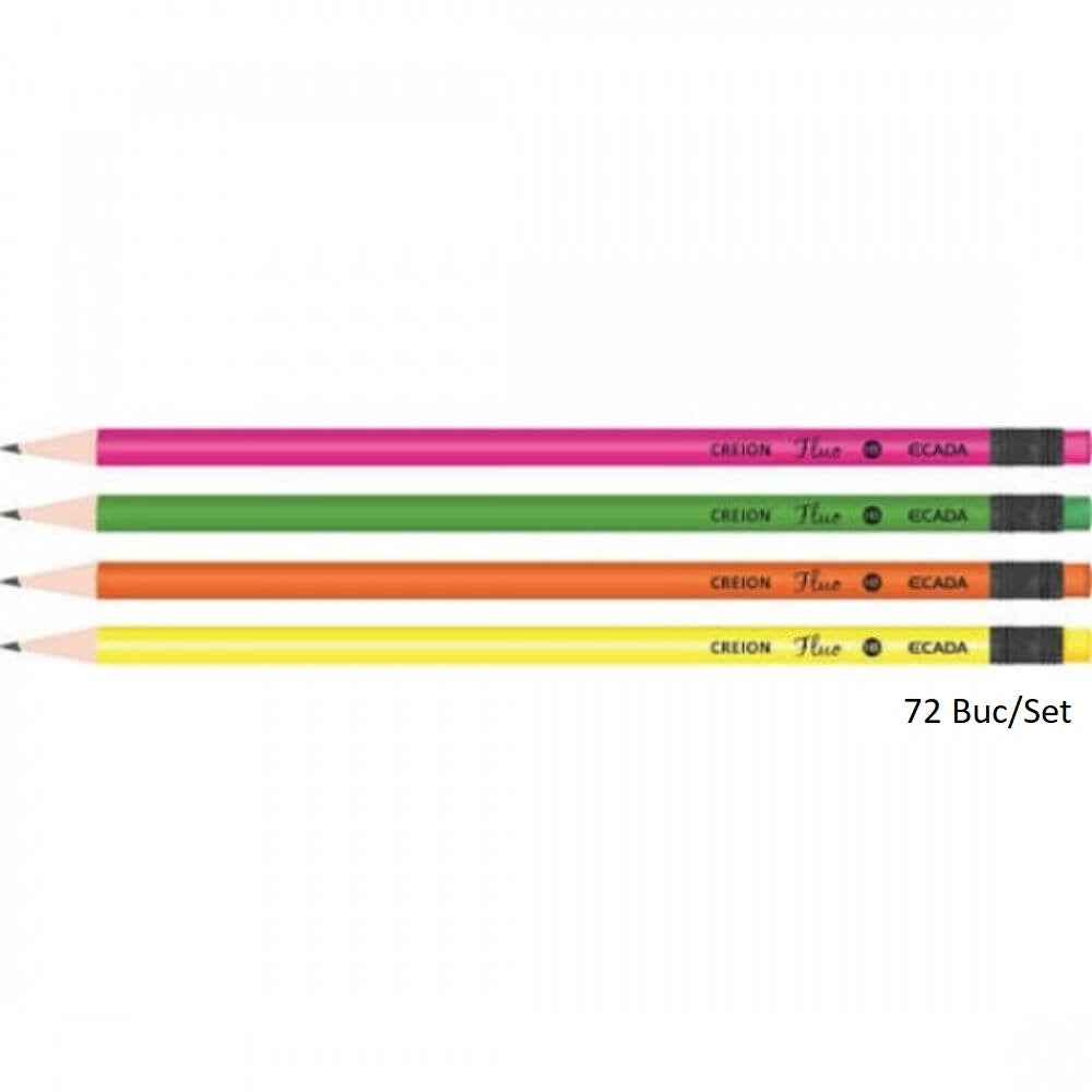 Set 72 Creioane Grafit ECADA Fluo, Mina HB, Corp Rotund de Lemn cu Radiera, Creioane Desen HB, Creioane Grafit HB, Creion HB, Set Creioane Grafit cu Radiera, Creion HB Grafit, Creioane pentru Schite si Grafica, Creioane Desen Tehnic