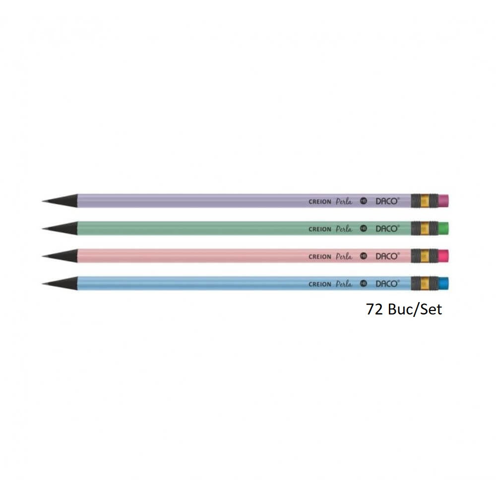 Set 72 Creioane Grafit DACO Perla, Mina HB, Corp Rotund de Lemn Negru cu Radiera, Set Creioane Grafit din Lemn Negru, Creion de Lemn Negru HB, Set Creioane Grafit cu Radiera, Creion HB Grafit, Creioane pentru Schite si Grafica, Creioane Desen Tehnic