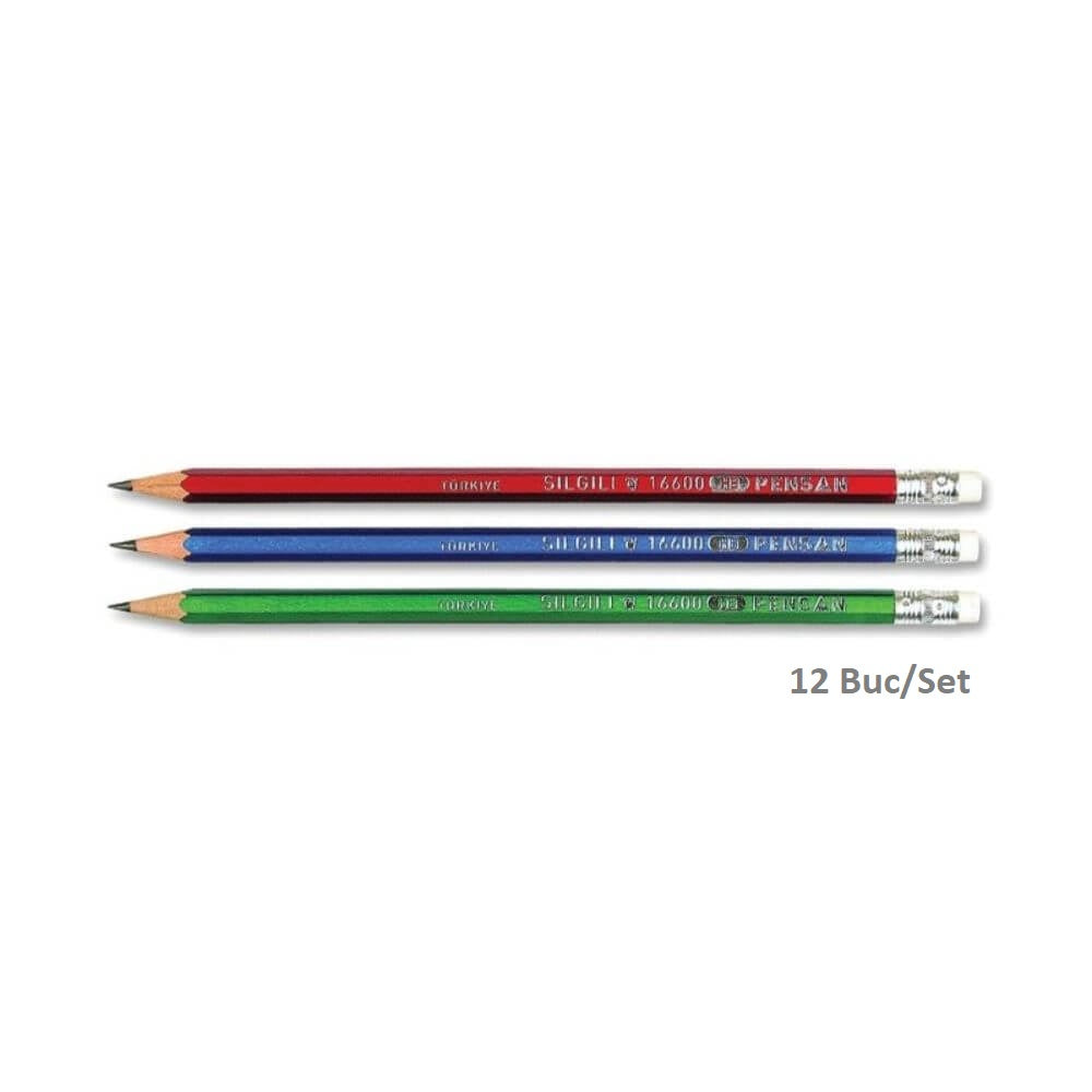 Set 12 Creioane Grafit PENSAN Coral, Mina HB, Corp de Lemn si Radiera, Creioane Desen HB, Creioane Grafit HB cu Radiera, Creioane Lemn HB PENSAN, Set Creioane Grafit cu Radiera, Creion HB Grafit, Creioane pentru Schite si Grafica, Creioane Desen Tehnic