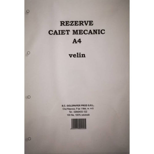 Rezerva Caiet Mecanic A4 Velin GOLDPAPER, 100 Coli/Top, Top Foi Veline, Rezerve Foi Caiet, Foi Veline, Rezerve Foi Veline A4, Rezerva Caiet Mecanic A4, File pentru Caiet Mecanic