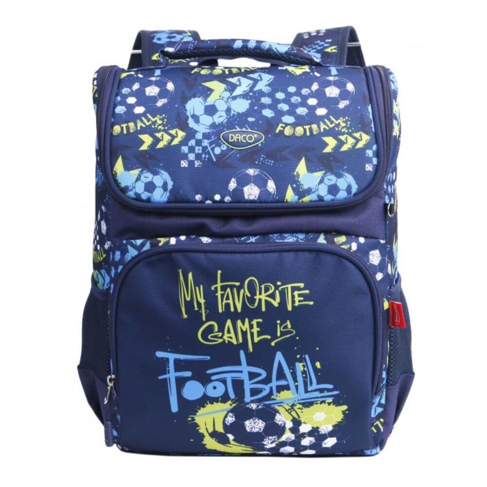 Ghiozdan DACO, 38x29x16 cm, Model Fotbal, Culoare Albastra, Bretele Reglabile, Material Poliester, Multicolor, Ghiozdane pentru Scoala, Ghiozdan de Scoala, Ghiozdan pentru Copii, Ghiozdan Scolar, Ghiozdane Scolare, Ghiozdanele