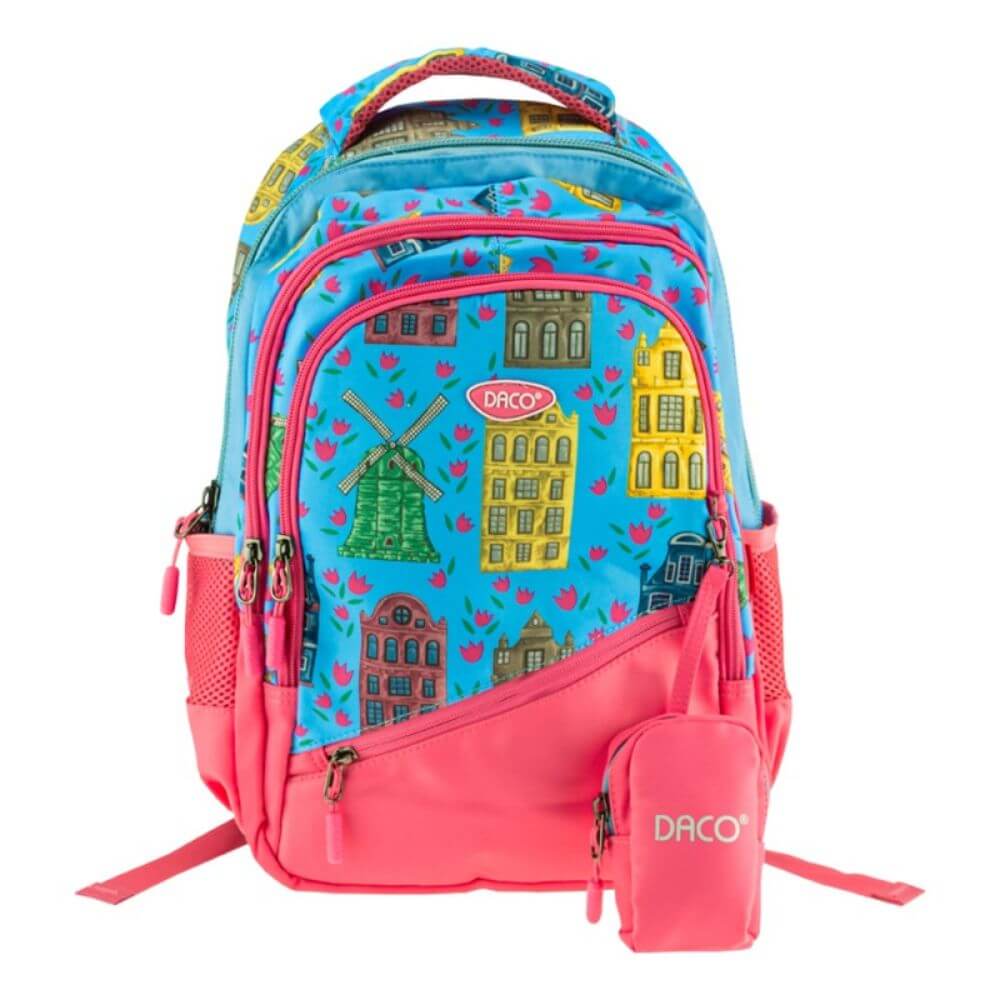 Ghiozdan DACO pentru Scolari, Model Cladiri, 38x30x17 cm, Poliester, Albastru/Roz, cu Buzunar Detasabil, Ghiozdan Scolar, Ghiozdan Scolari, Ghiozdane Scoala, Ghiozdan Adolescenti, Ghiozdane Adolescenti, Rucsac Scoala, Ghiozdan Mare