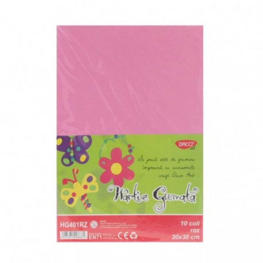 Hartie Gumata DACO, 20x30 cm, 10 Coli/Top, Roz, Hartie Gumata, Hartie Gumata pentru Scoala, Hartie Gumata Roz, Coala Gumata, Coala Gumata Roz, Hartie Decorativa, Rechizite Scolare