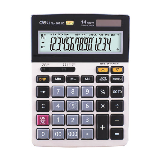 Calculator de Birou Deli 1671, 12 Digits, Gri/Negru, Alimentare Dubla, Calculator Birou, Calculator Birou 12 Digits, Calculator Birou cu Verificare si Corectie, Calculator Birou Deli