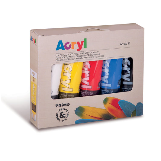 Tempera acrilica Morocolor Primo 75 ml, 5 culori de baza: alb, galben, rosu, albastru