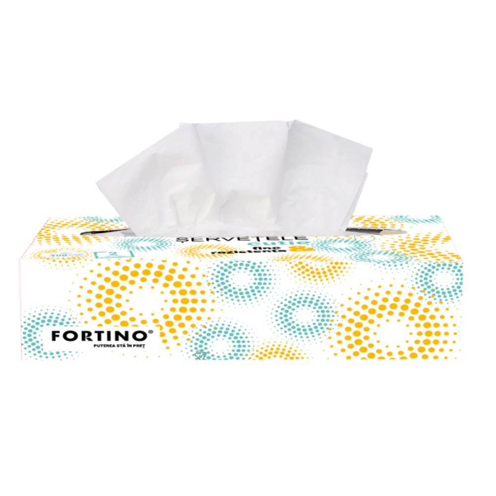 Servetele in Cutie Fortino, 2 Straturi, 100 Buc/Cutie, 100% Celuloza, Dimensiune foaie 210x193 mm