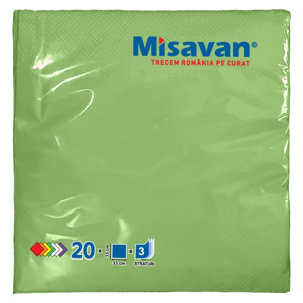 Servetele de Masa Misavan in 3 Straturi, Dimensiune 330x330 mm, 20 Buc/Set, Culoare Verde Fistic
