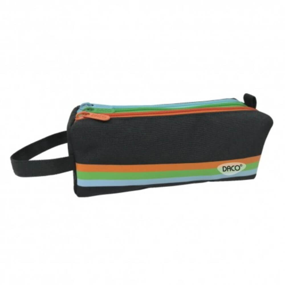Penar Borseta DACO, 20x8x8 cm, Poliester, Negru, Trei Fermoare cu Trei Compartimente, Borseta pentru Scoala, Penare Tip Borseta, Penar Borseta, Penare cu Fermoar, Penare de Scoala, Penare Scolare, Penar Scolar, Rechizite Scolare, Penar Neechipat