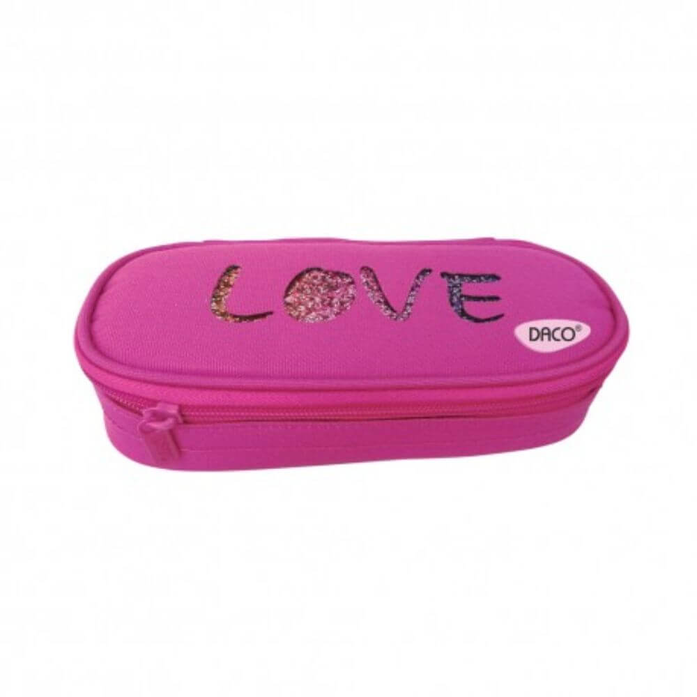 Penar Tip Borseta DACO, Model Love, 21x5x9 cm, Fucsia, Poliester, Un Fermoar, Penar Scolar, Penar Colorat, Penar cu Fermoar, Penar pentru Scoala, Penar Borseta, Penar Daco, Penar Neechipat, Penar cu 1 Fermoar