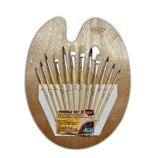 Pensule DACO, 12 Buc/Set, Par de Porc/Capra, Paleta din Lemn, Pensula Pictura, Pensule Pictura, Pensule Daco, Pensule Pictura Daco, Pensule Par Porc, Accesorii Pictura, Pensule Pictura Acrilica, Set Pensule, Pensule cu Paleta, Pensule Par Capra