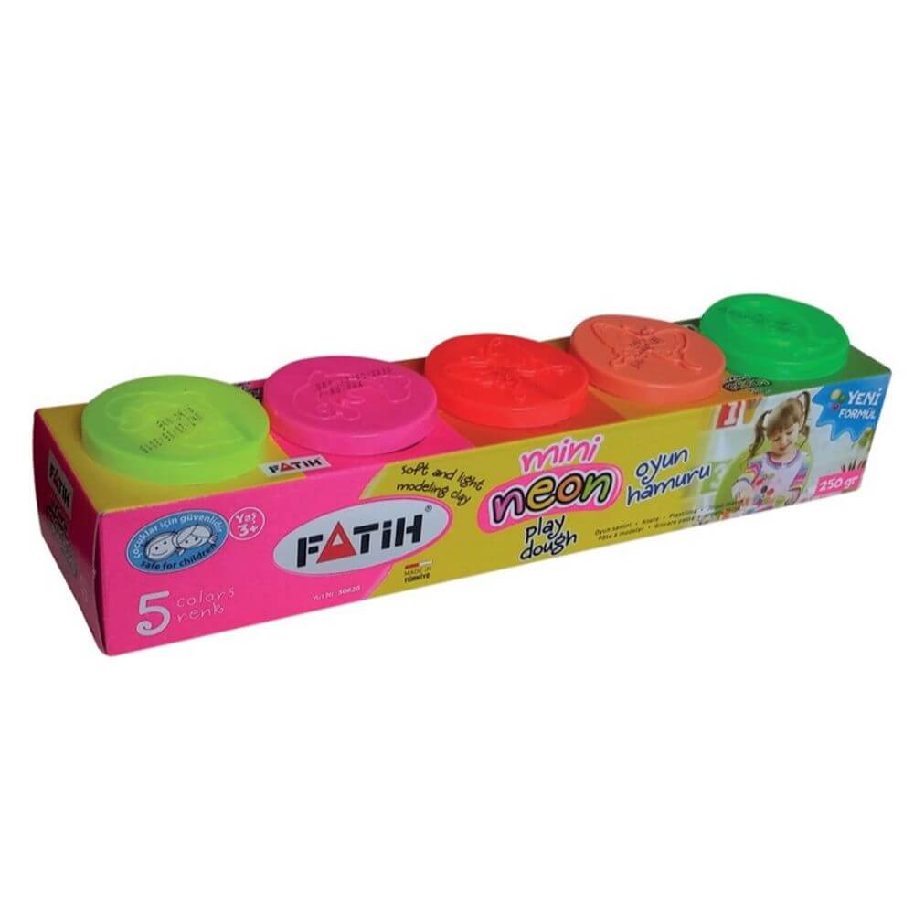 Plastilina Usoara Fatih, 250 g, 5 Culori Neon, cu Recipiente, Plastilina in Borcanele, Plastilina in Borcan, Plastilina pentru Copii, Plastilina Modelatoare, Plastiline pentru Gradinita si Scoala, Set Plastilina