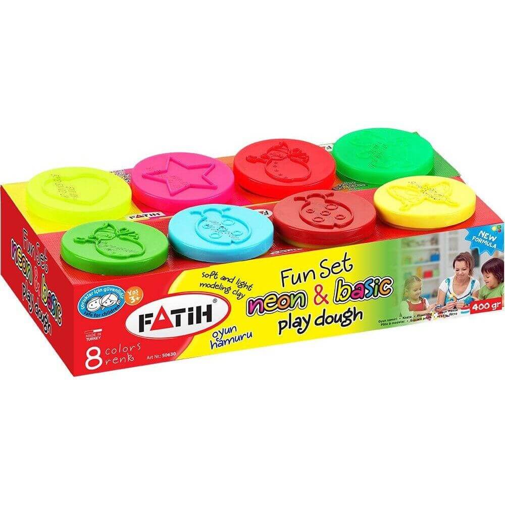 Plastilina Usoara Fatih, 400 g, 8 Culori 4 Neon si 4 Clasice, cu Recipiente, Plastilina in Borcanele, Plastilina in Borcan, Plastilina pentru Copii, Plastilina Modelatoare, Plastiline pentru Gradinita si Scoala, Set Plastilina