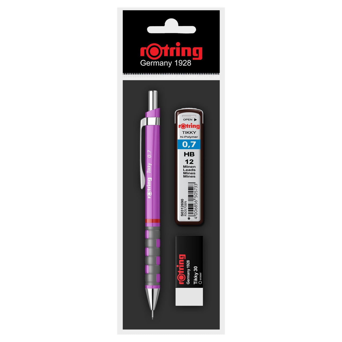Set Rotring, creion mecanic 0.7 mm diverse culori, carcasa si mina 0.7 mm, radiera Tikky 40 si InkJoy