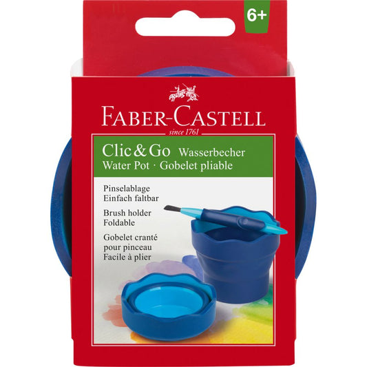 Recipient Apa Faber-Castell Click-Go, 9.7x3.8x13.2 cm, Albastru, Faber-Castell Recipiente Apa Click-Go, Faber Castell Recipiente Apa, Recipiente si Cutii Apa pentru Pensule Pictura, Suport Pensule, Cani pentru Desen, Borcan pentru Pensule