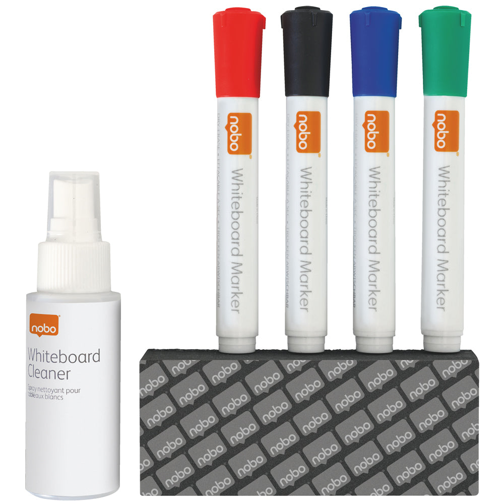 Kit Pentru Tabla Nobo, 4 Markere Diverse Culori, Burete Magnetic, Spray Curatare 50 Ml