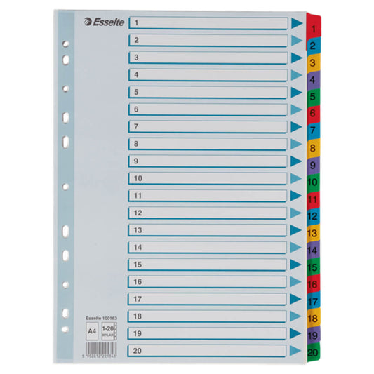 Separatoare Index din Carton Esselte Mylar, A4, Tip Index 1-20, Taste Laminate, Multicolor, Separator Index, Separatoare Carton Index, Separatoare Esselte, Separatoare Esselte Mylar, Separatoare Index Multicolor, Despartitoare din Carton