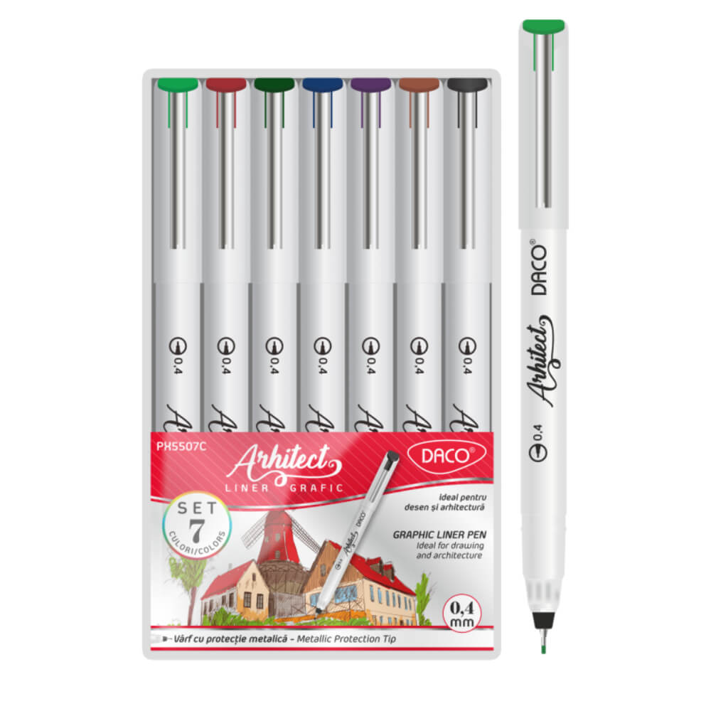 Set 7 Finelinere Daco Liner Arhitect Color, Varf de 0.4 mm, Diverse Culori, Pixuri Liner, Linere Desen, Linere Arhitectura, Linere Grafica, Liner Color, Pixuri Grafice, Liner Grafic, Liner Desen, Liner Pix, Liner cu Pigmenti, Pix Desen Grafic