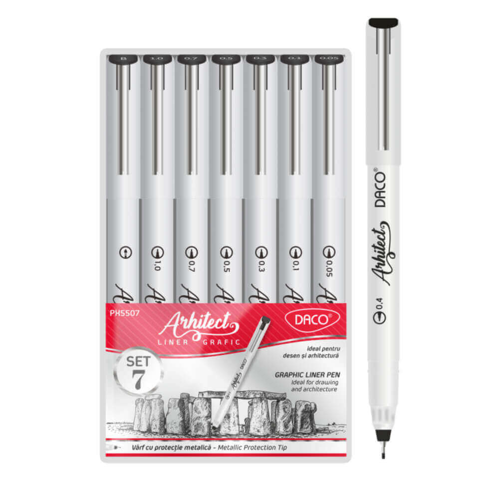Set 7 Finelinere Daco Liner Arhitect, Negru, Diverse Dimensiuni Varf, Pixuri Liner, Linere Desen, Linere Arhitectura, Linere Grafica, Liner Negru, Pixuri Grafice, Liner Grafic, Liner Desen, Liner Pix, Liner cu Pigmenti, Pix Desen Grafic