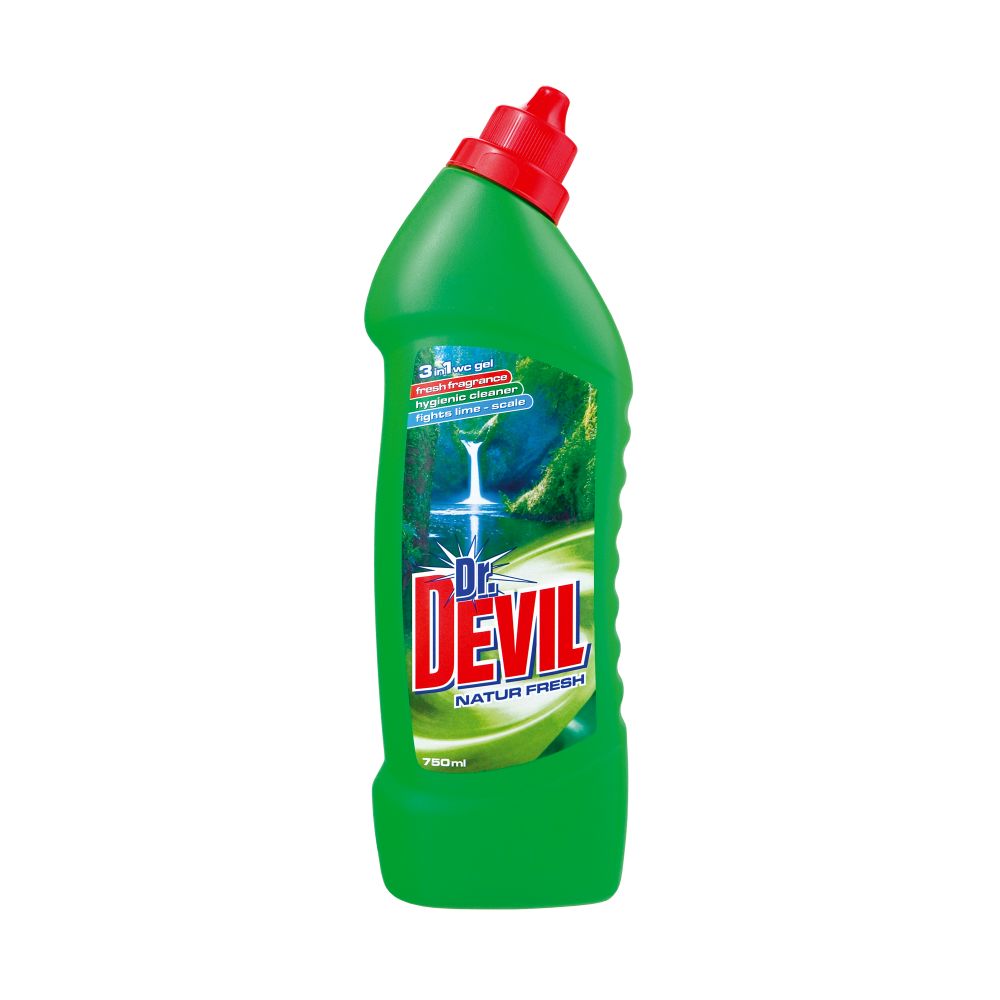 Solutie pentru Curatat WC 3 in 1 DR. DEVIL Natur Fresh, 750 ml, Detergent pentru Baie, Detergent pentru Curatarea Suprafetelor din Baie, Solutie de Curatare Baie, Produse de Curatenie, Solutie Baie