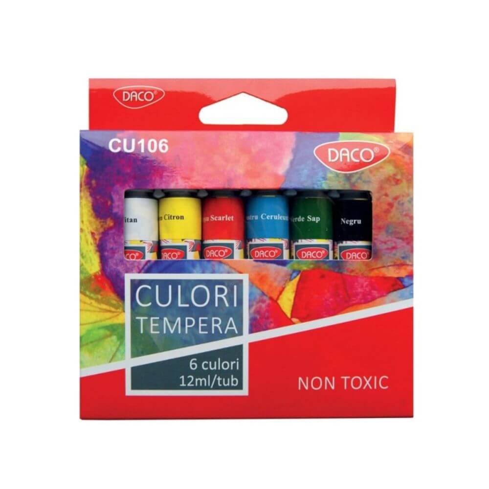 Vopsea Tempera DACO, 6 Culori/Set, 12 ml/Tub, Multicolor, Set Tempera, Acuarele Tempera, Tempera Acuarele, Tempera Tub, Culoare Tempera, Tempera, Acuarele, Culori Tempera, Vopsele Tempera, Culori pentru Pictura