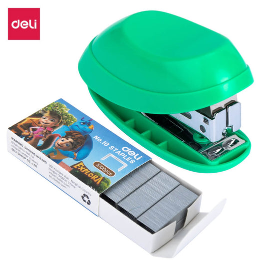 Capsator Pentru Hartie si Capse #10/1000 Buc DELI, Corp Plastic, 25 mm, Capacitate Capsare 12 Coli, Verde, Capsator pentru Scoala, Set Capsator cu Capse, Capsator din Plastic, Capsator pentru Coli, Capsator pentru Foi Hartie, Capsator si Capse Hartie