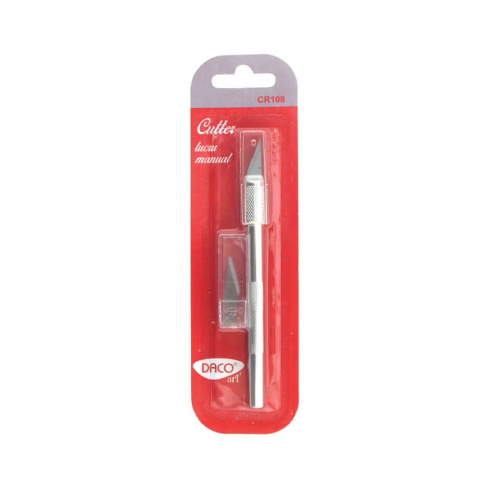 Cutter pentru Lucru Manual tip Bisturiu Daco, 2 Lame de Rezerva, Latime Lama 0.8 mm, Metal, Cutter tip Bisturiu, Cutter Bisturiu, Cutter tip Creion, Cutter Hartie, Cutter Carton, Cutter Precizie