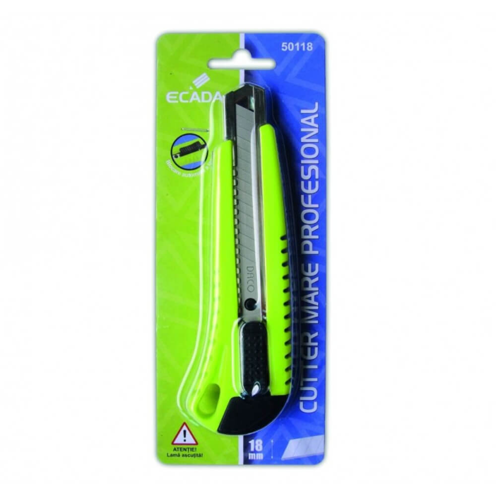 Set 12 Cuttere Profesionale Mari ECADA, 17 cm, Lama 18 mm, Verde/Negru, Plastic/Metal, Cutter cu Sistem de Blocare, Cutter Clasic, Cutter Clasic Mare, Cutter, Set Cuttere, Cutter Profesional, Cutter Mare, Cutter Carton, Cutter Hartie