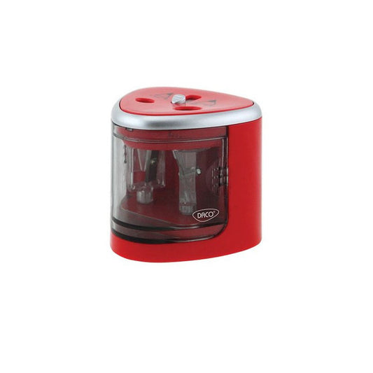 Ascutitoare Dubla Electrica Daco, cu Baterii si Container, pentru Creioane de 6/12 mm, Plastic, Rosie, Ascutitoare Electrica pentru Creioane, Ascutitoare cu Container, Ascutitoare cu Baterii, Ascutitoare de Creioane Electrica