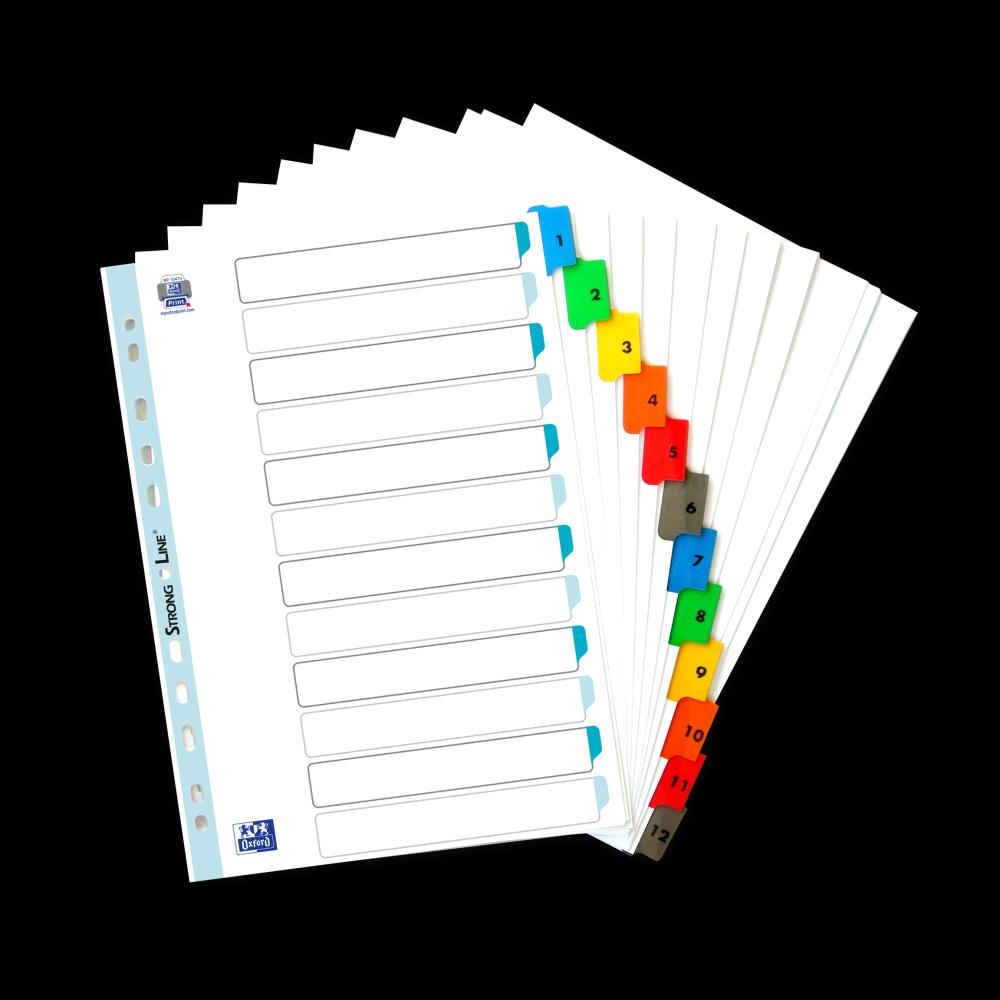 Index Carton Numeric Oxford A4 1-12, 12 File/set, 170g/mp, 11 Perforatii Pentru Indosariere, Include Cuprins, Culoare Alb Cu Margine Color
