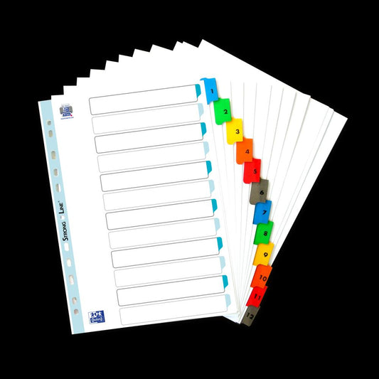 Index Carton Numeric Oxford A4 1-12, 12 File/set, 170g/mp, 11 Perforatii Pentru Indosariere, Include Cuprins, Culoare Alb Cu Margine Color