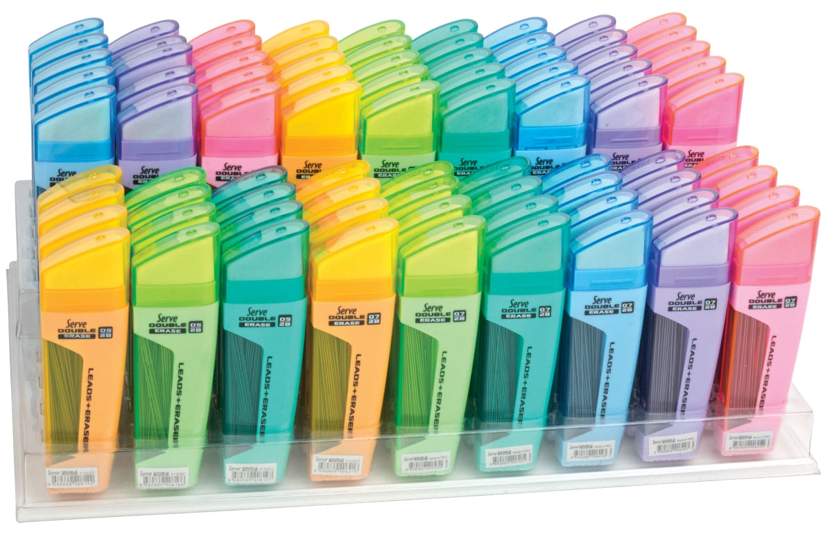 Serve Double Erase, Mine Creion 2b + Radiera, 0.5 Mm + 0.7 Mm, 81 Bucati, Prezentare Pe Display Expunere
