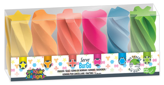 Radiera Burgo, Culori Fluorescente, Set 6 Bucati/blister